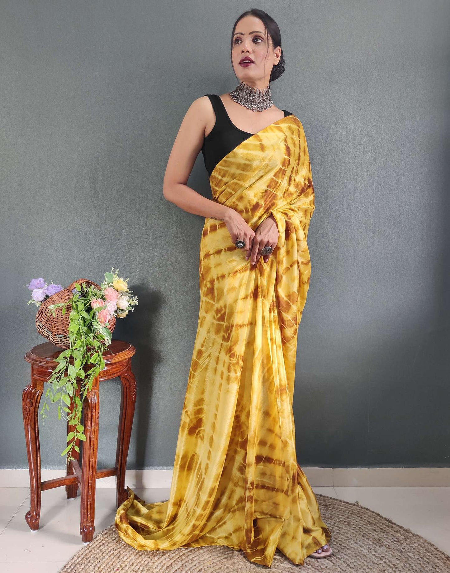 Ready to Wear Yellow Printed Silk Saree