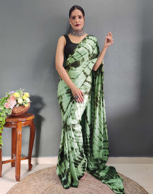 Ready to Wear Dull Green Printed Silk Saree