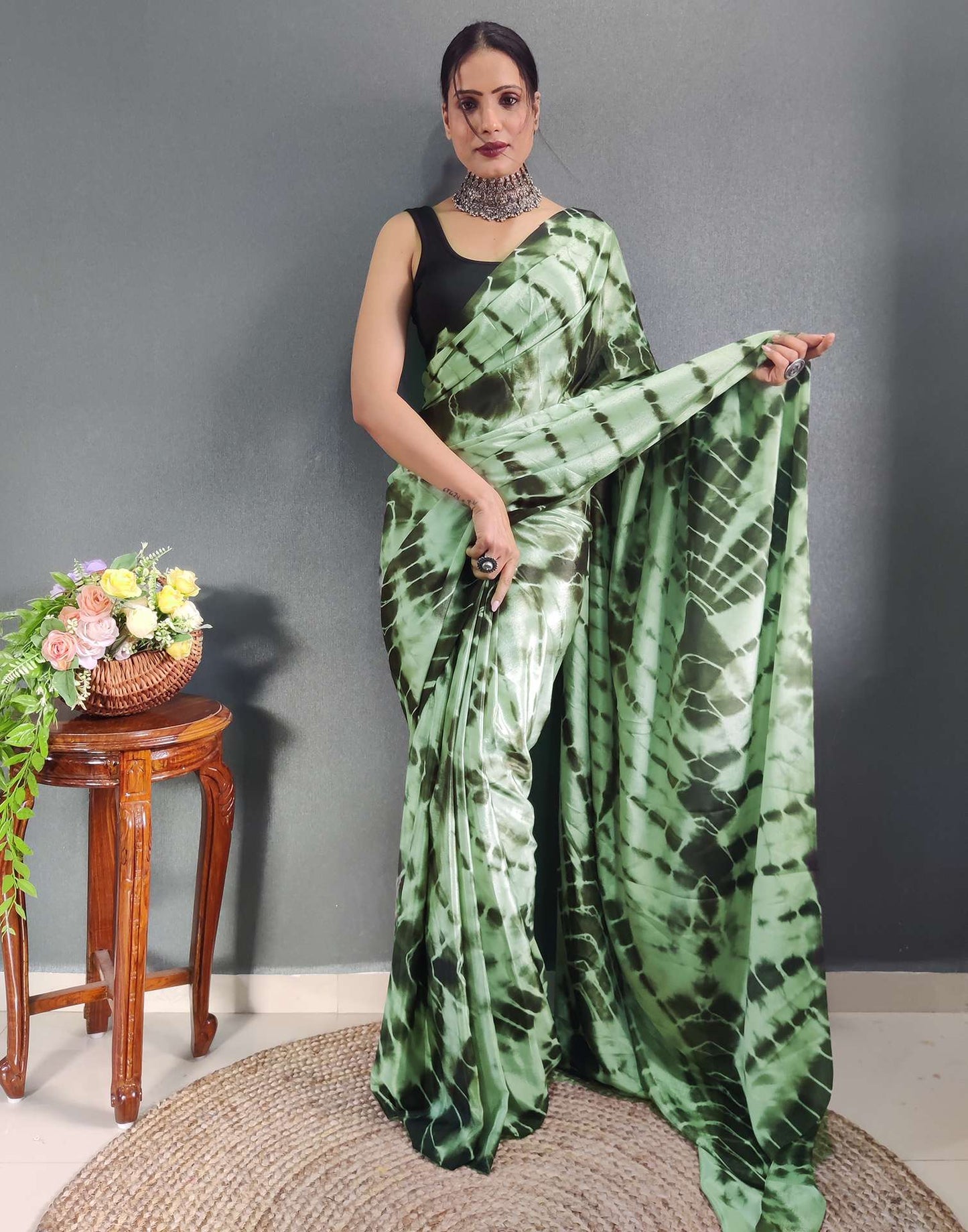Ready to Wear Dull Green Printed Silk Saree