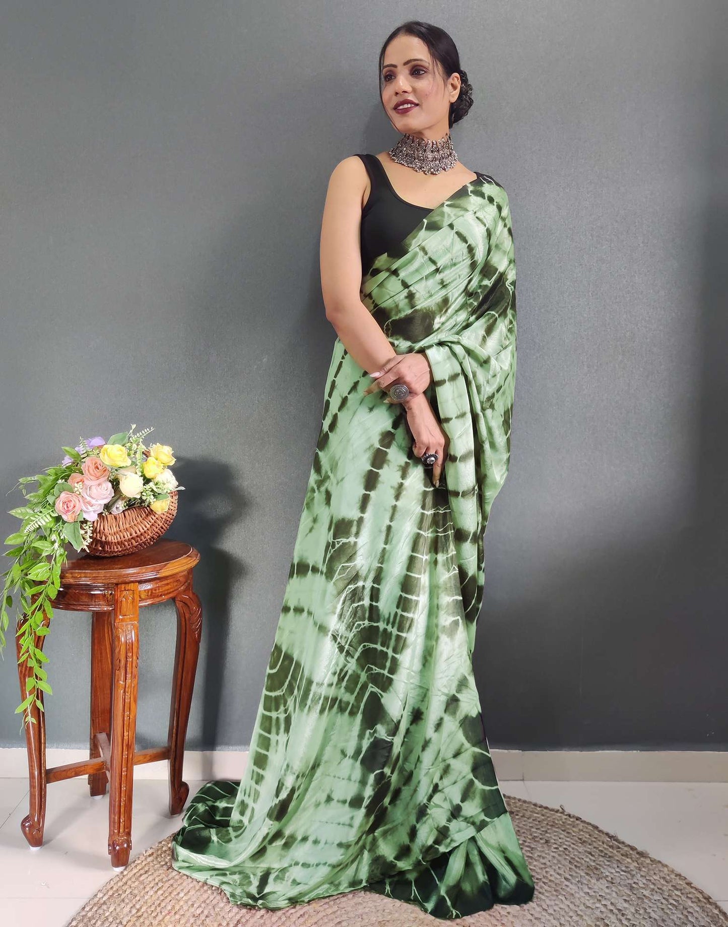Ready to Wear Dull Green Printed Silk Saree