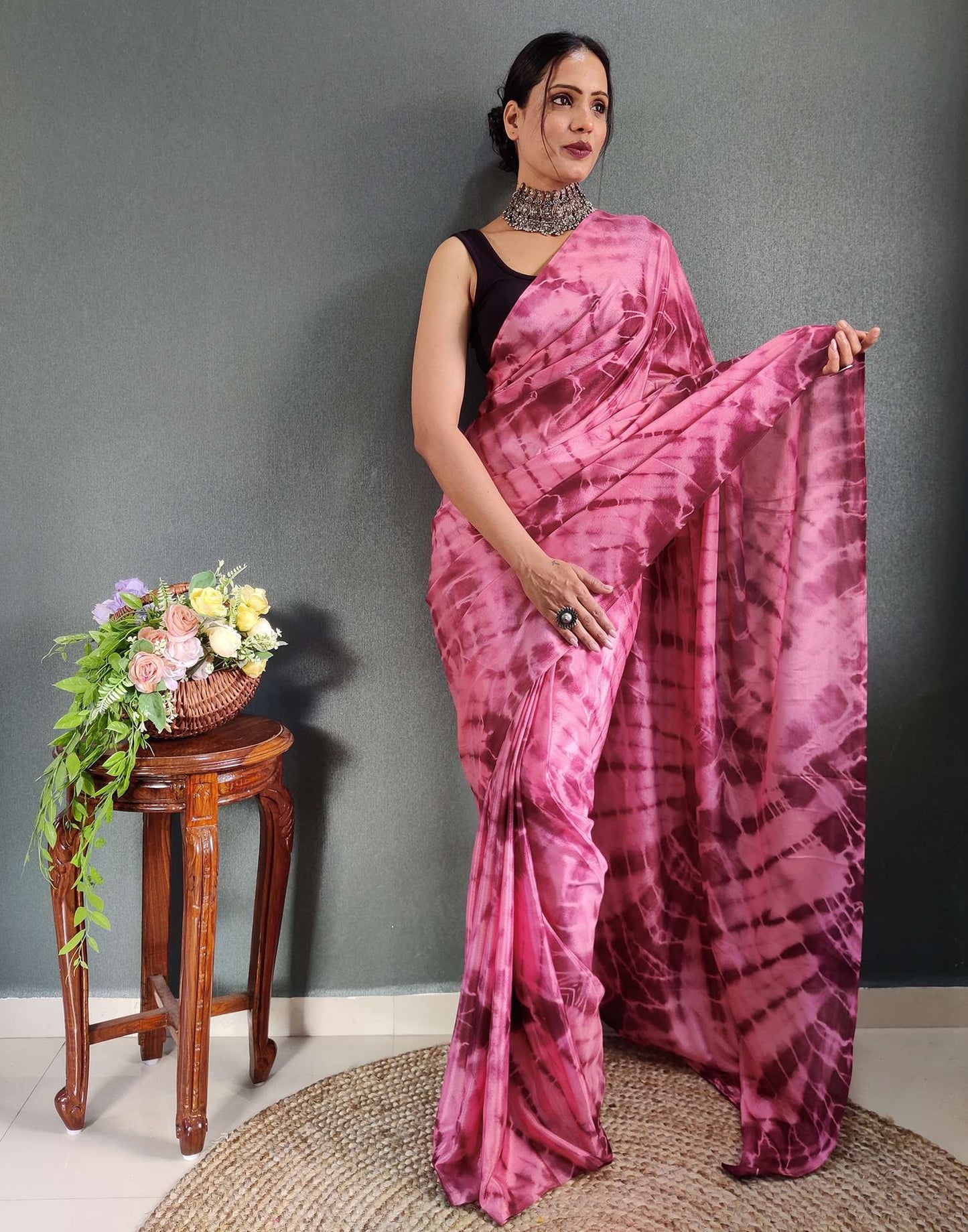 Ready to Wear Light Maroon& Pink Printed Silk Saree