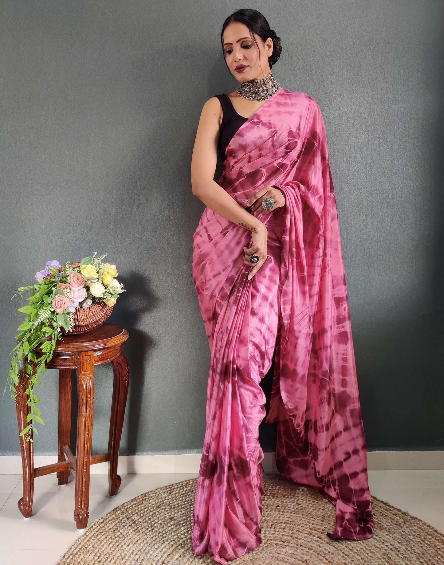 Ready to Wear Light Maroon& Pink Printed Silk Saree