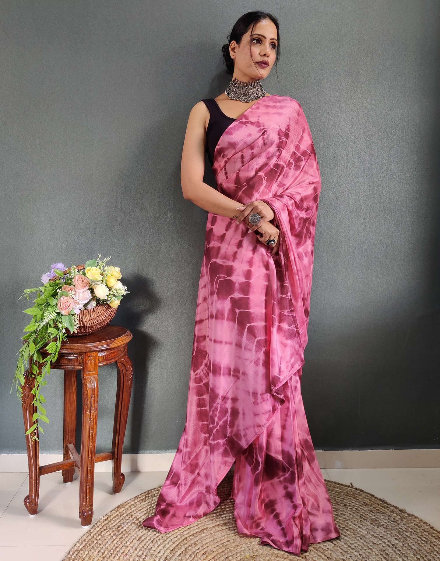 Ready to Wear Light Maroon& Pink Printed Silk Saree