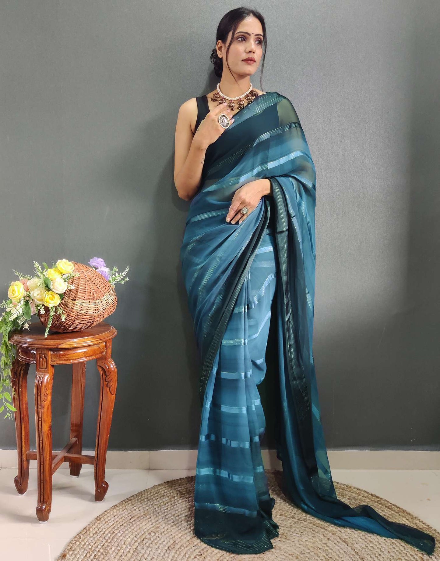 Ready to Wear Teal Blue Weaving Georgette Saree