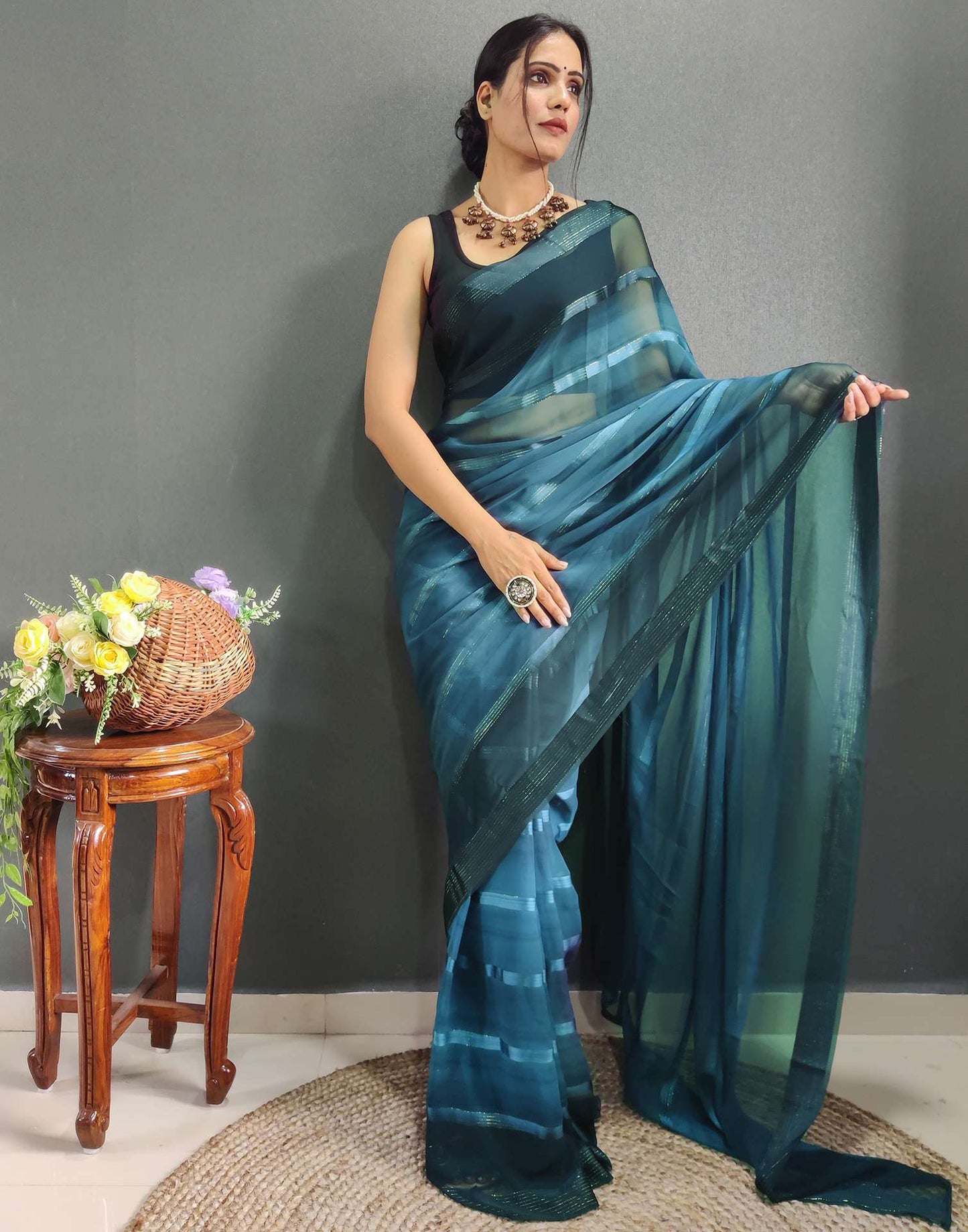 Ready to Wear Teal Blue Weaving Georgette Saree