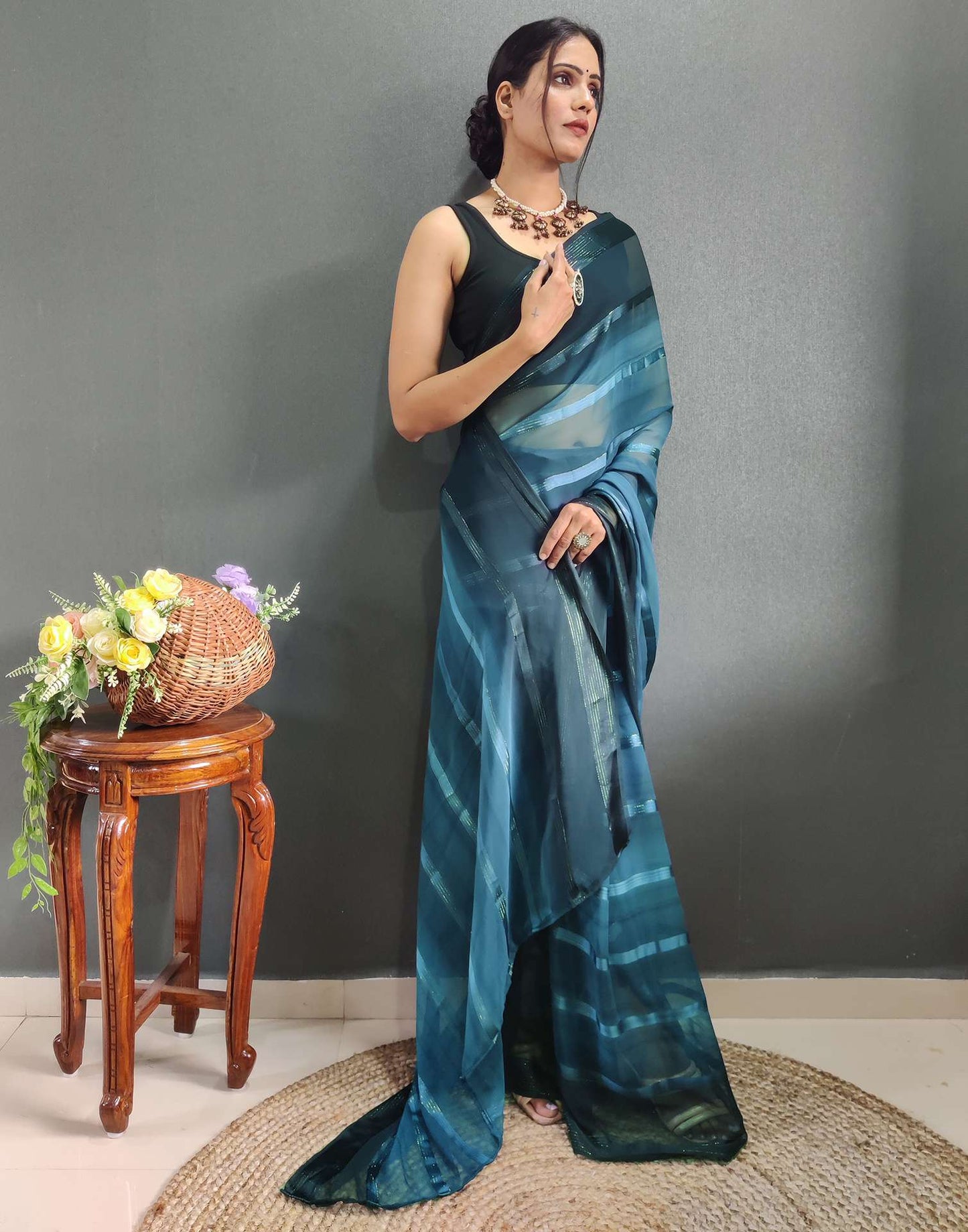 Ready to Wear Teal Blue Weaving Georgette Saree