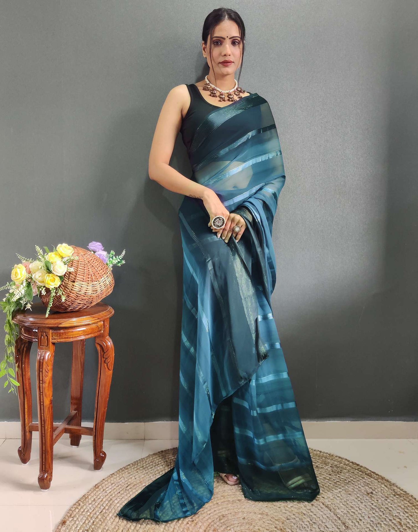 Ready to Wear Teal Blue Weaving Georgette Saree