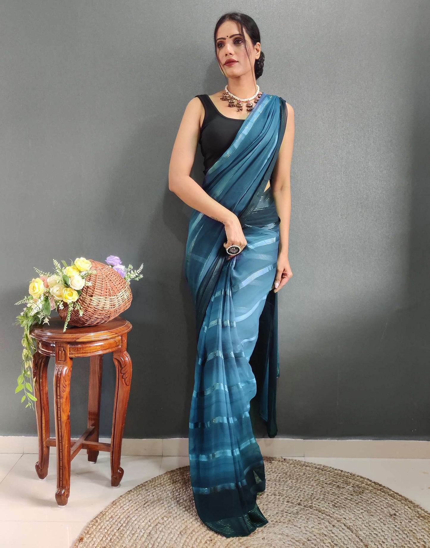 Ready to Wear Teal Blue Weaving Georgette Saree