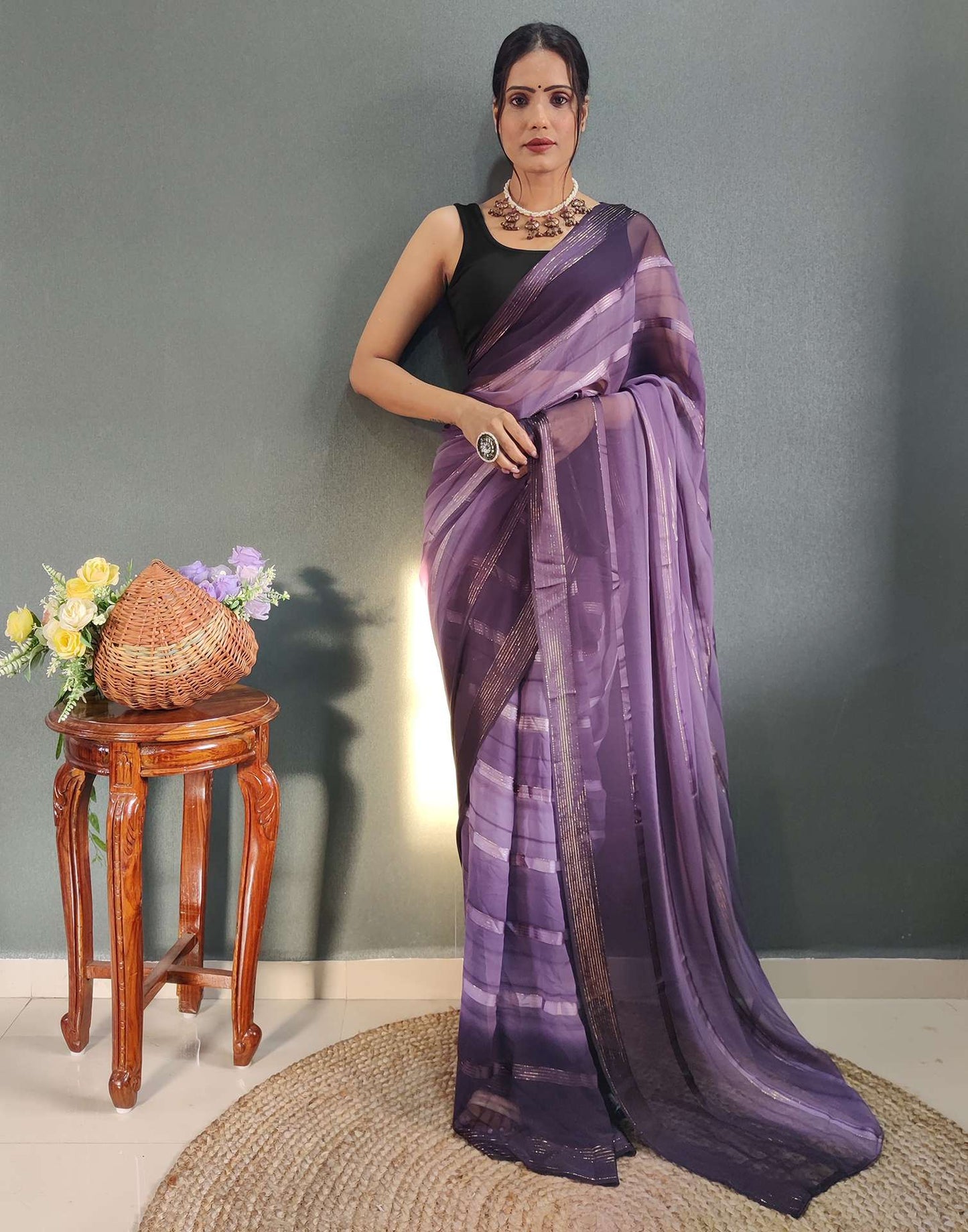 Ready to Wear Dusty Lavender & Wien Weaving Georgette Saree