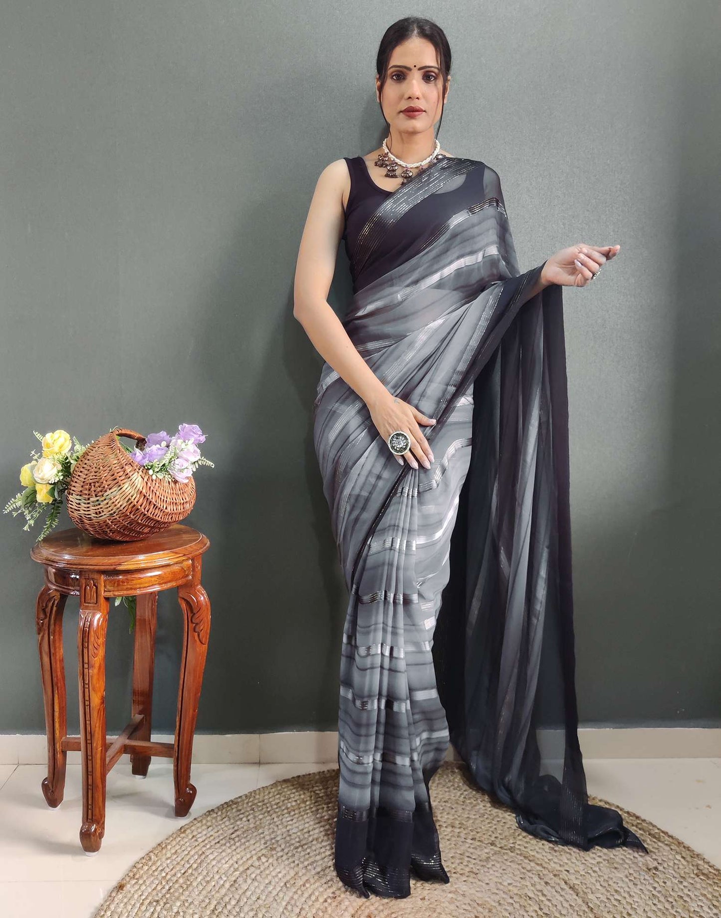 Ready to Wear Grey& black Weaving Georgette Saree