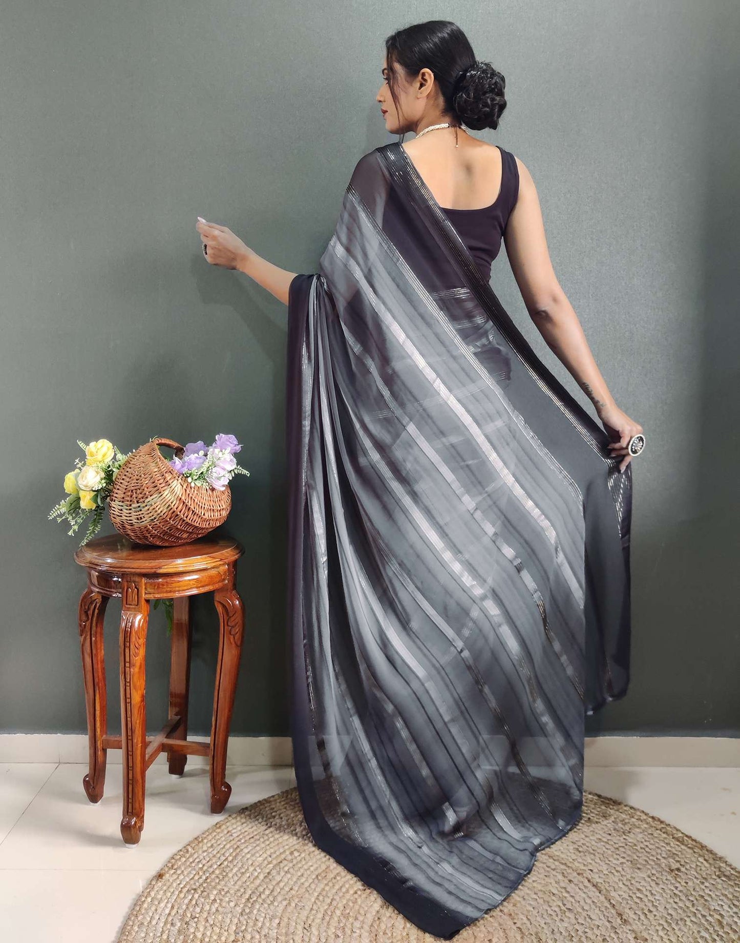 Ready to Wear Grey& black Weaving Georgette Saree