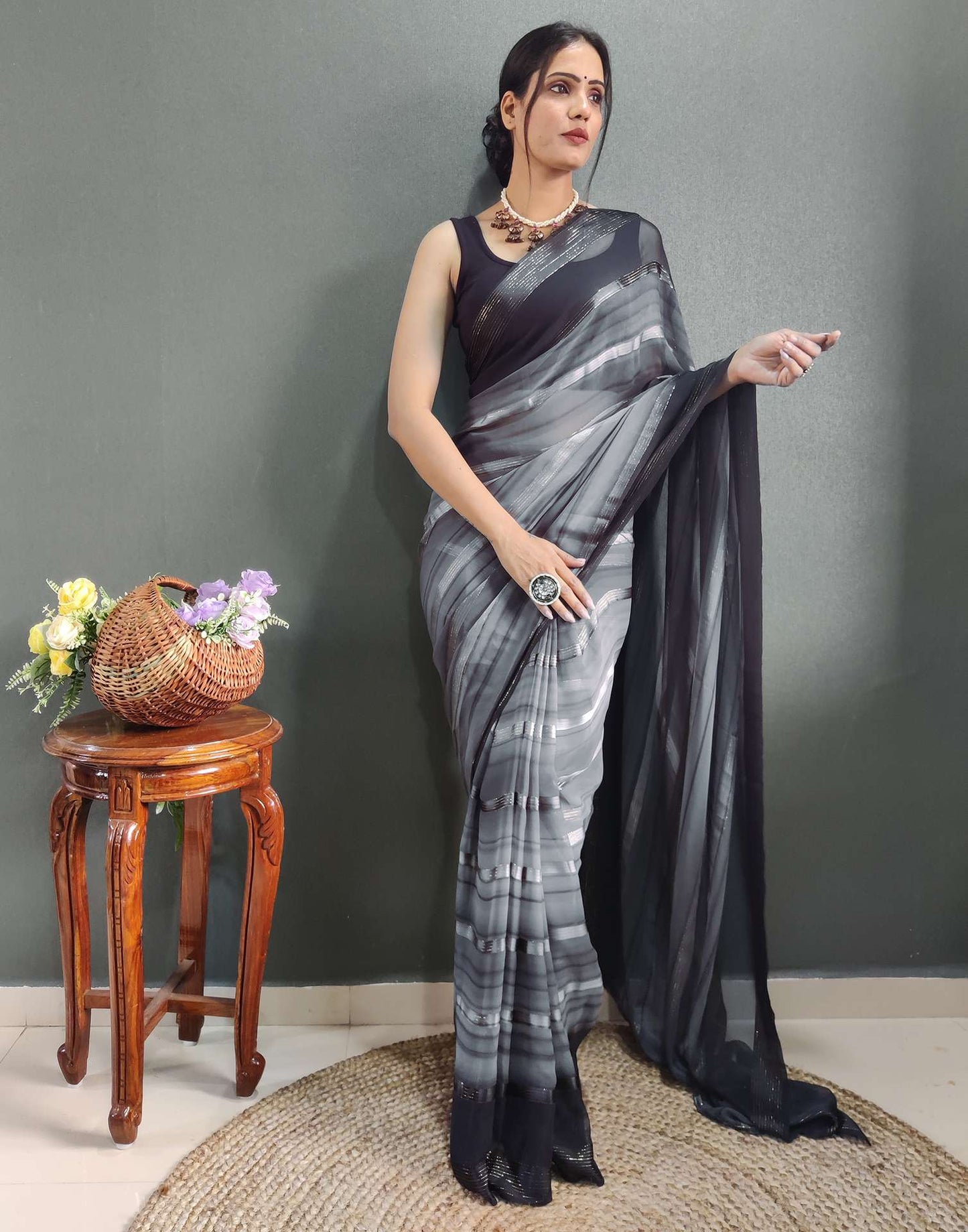 Ready to Wear Grey& black Weaving Georgette Saree