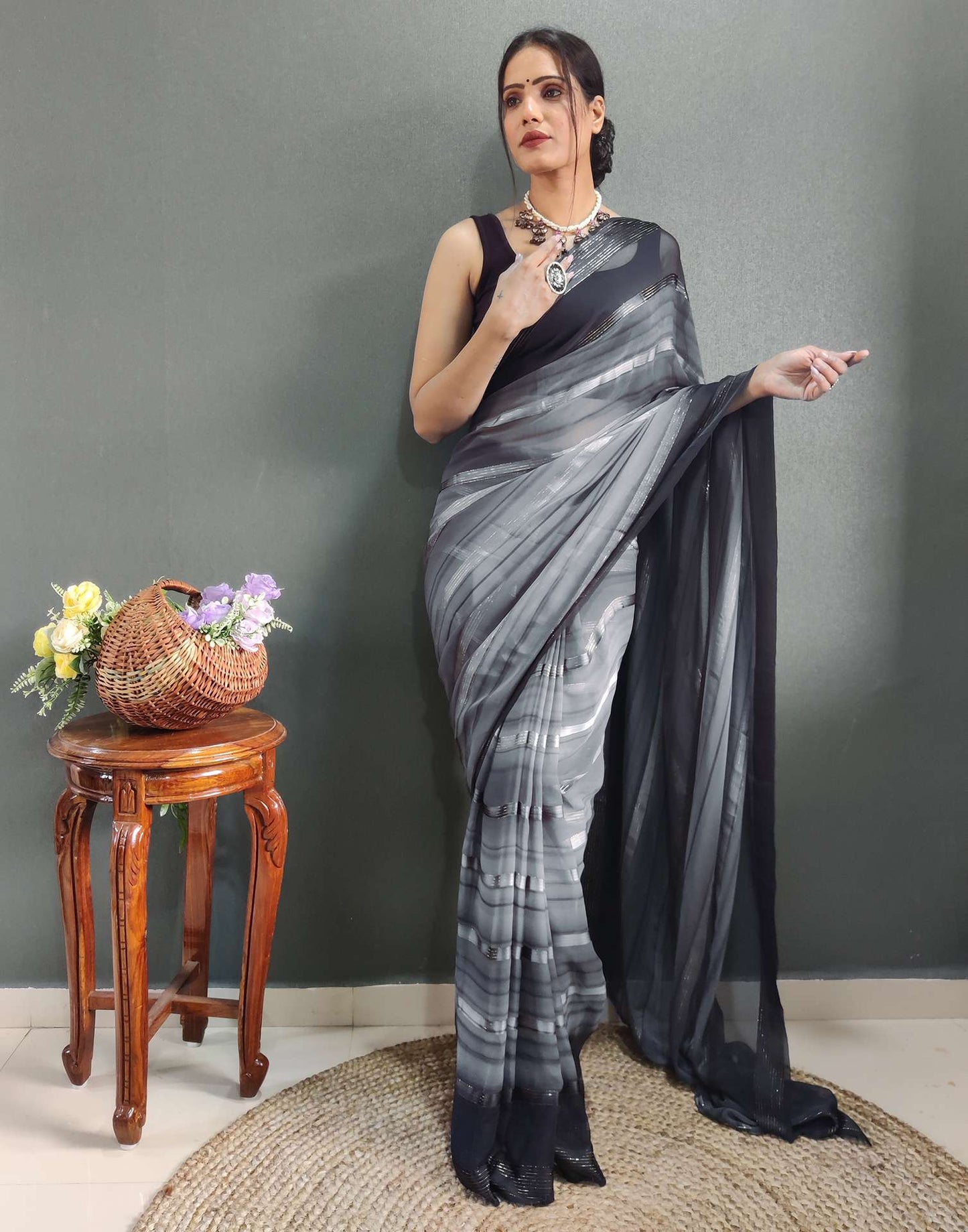 Ready to Wear Grey& black Weaving Georgette Saree