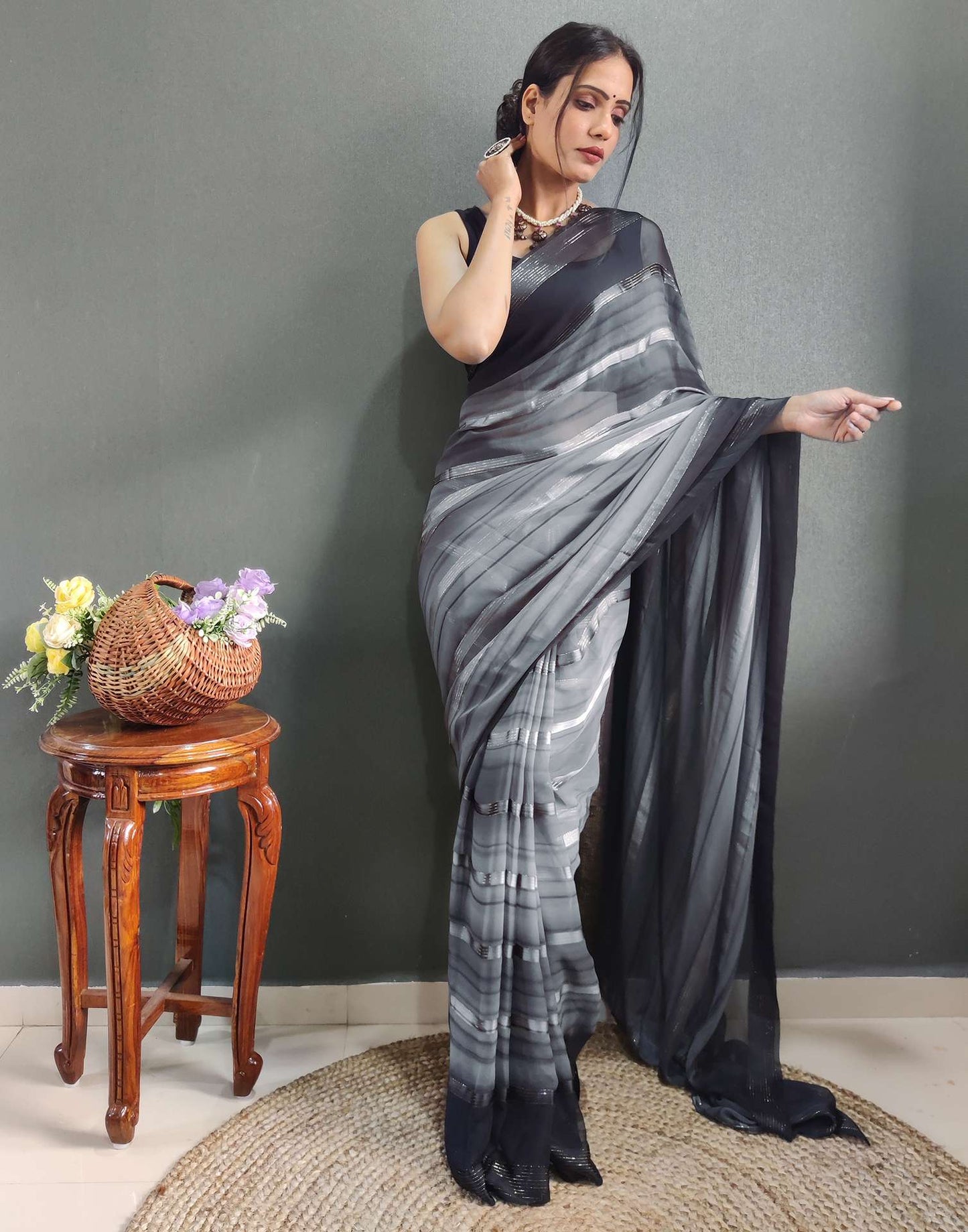 Ready to Wear Grey& black Weaving Georgette Saree