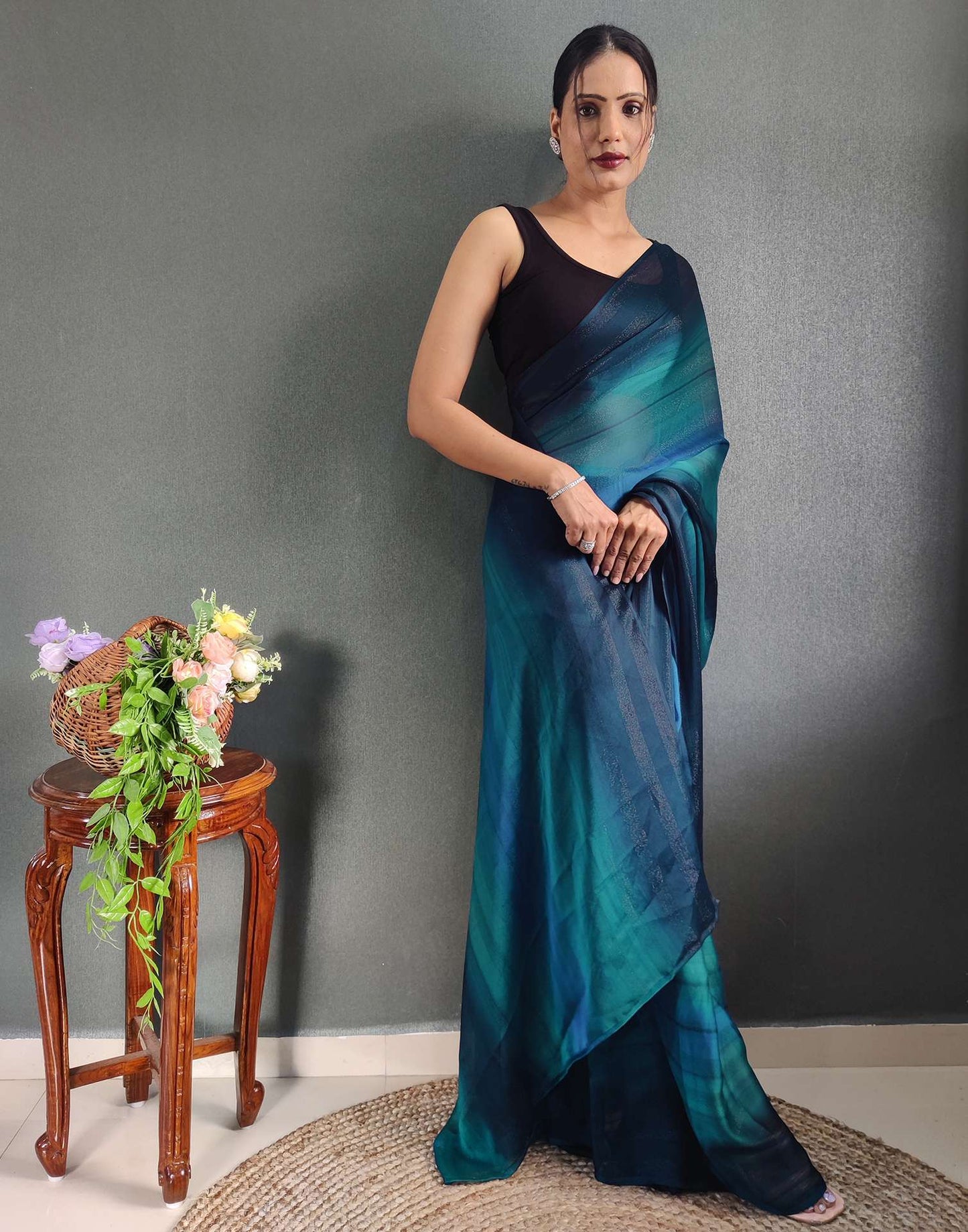 Ready to Wear Blue Printed Georgette Saree