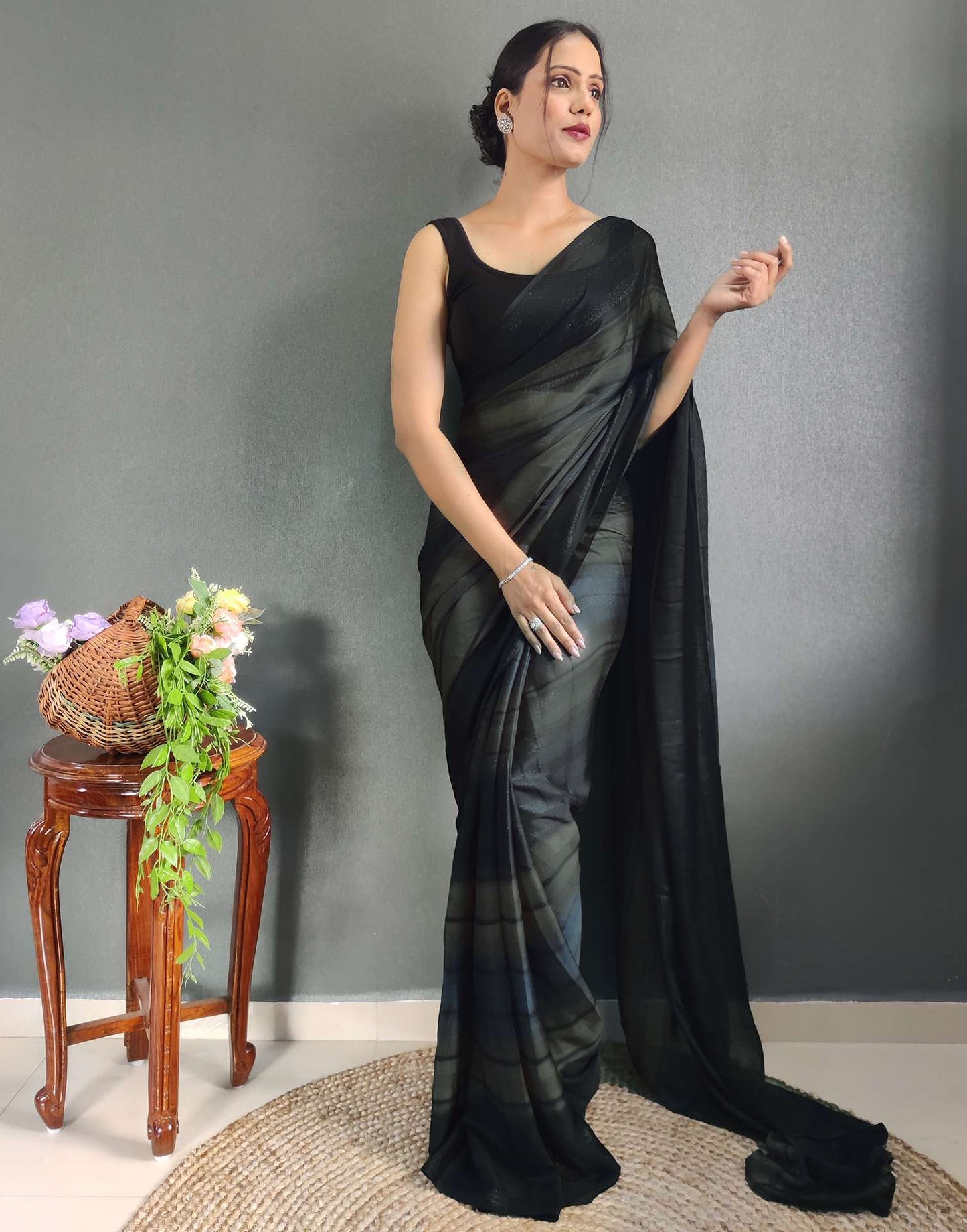 Ready to Wear Black Printed Georgette Saree