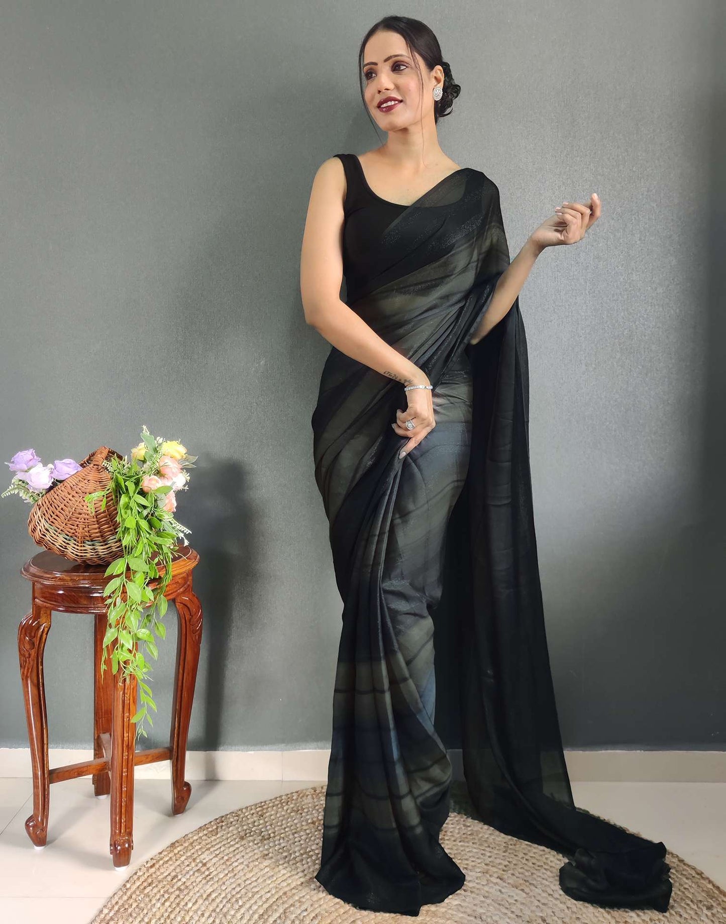 Ready to Wear Black Printed Georgette Saree