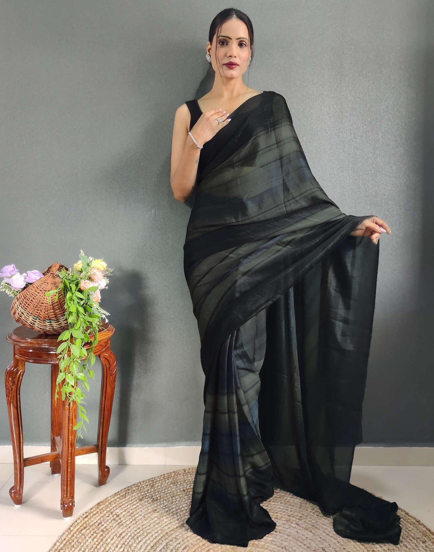 Ready to Wear Black Printed Georgette Saree