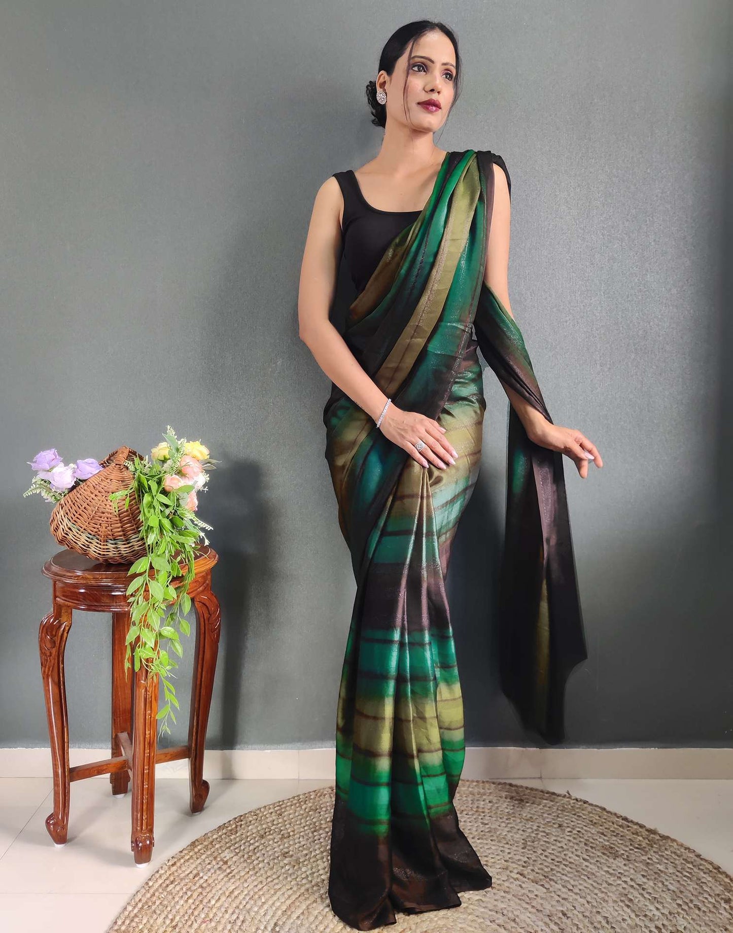 Ready to Wear Mehandi Green Printed Georgette Saree