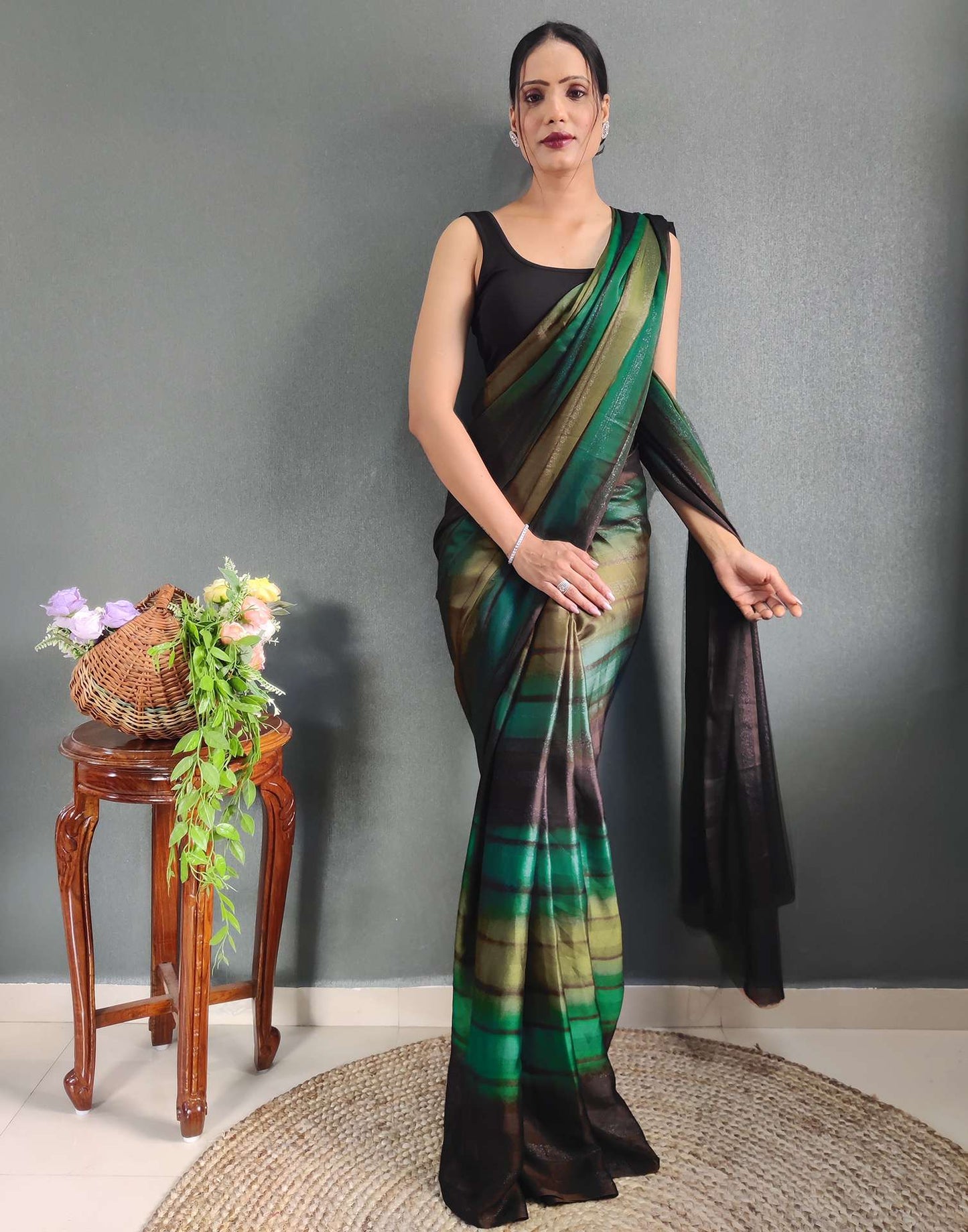 Ready to Wear Mehandi Green Printed Georgette Saree