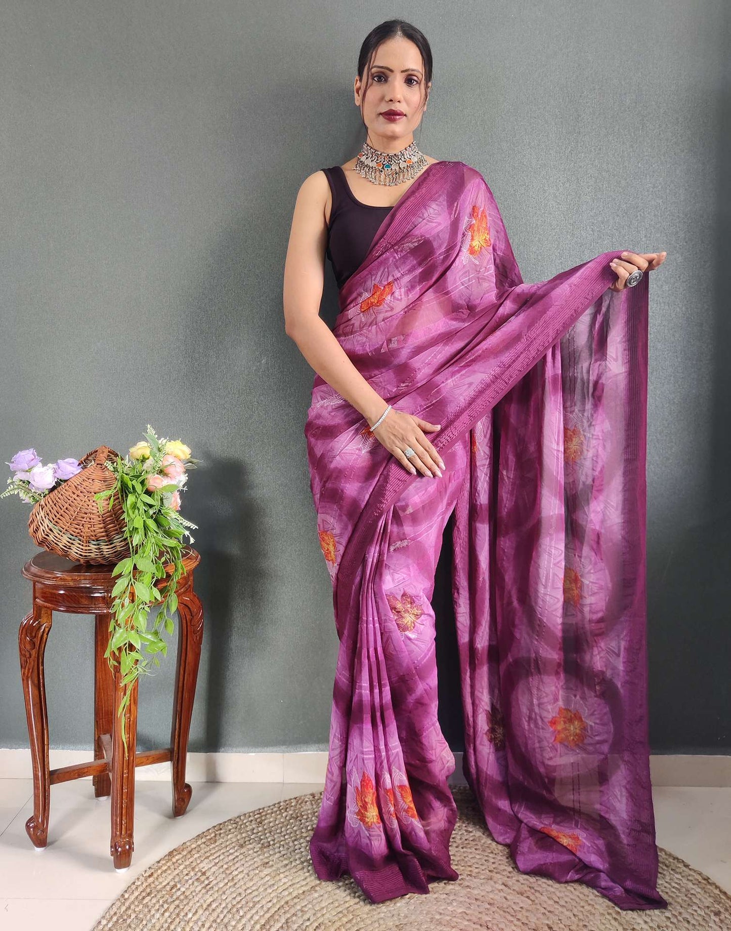 Ready to Wear Lavender & Rani Pink Printed Georgette Saree