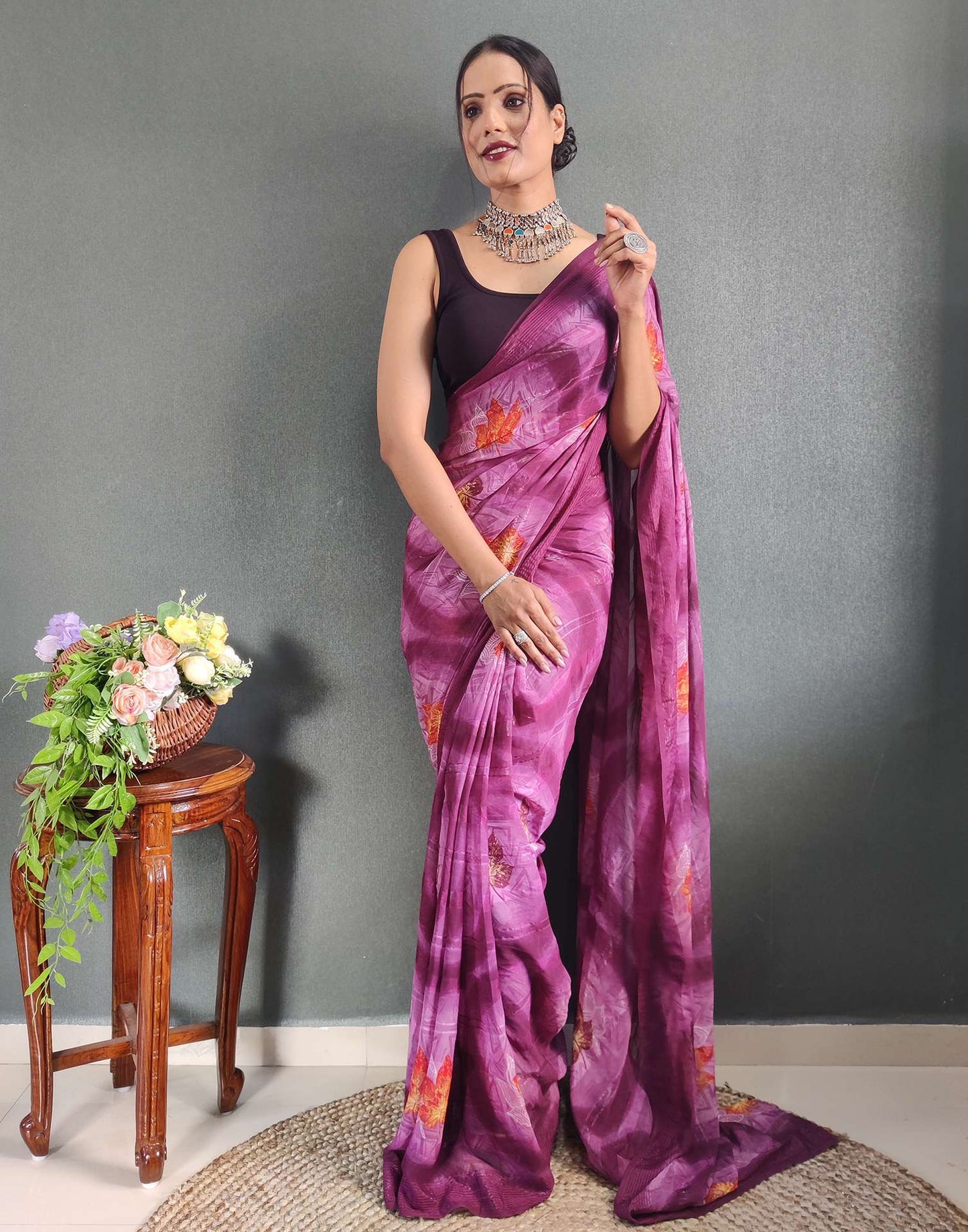 Ready to Wear Lavender & Rani Pink Printed Georgette Saree