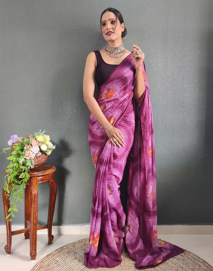 Ready to Wear Lavender & Rani Pink Printed Georgette Saree