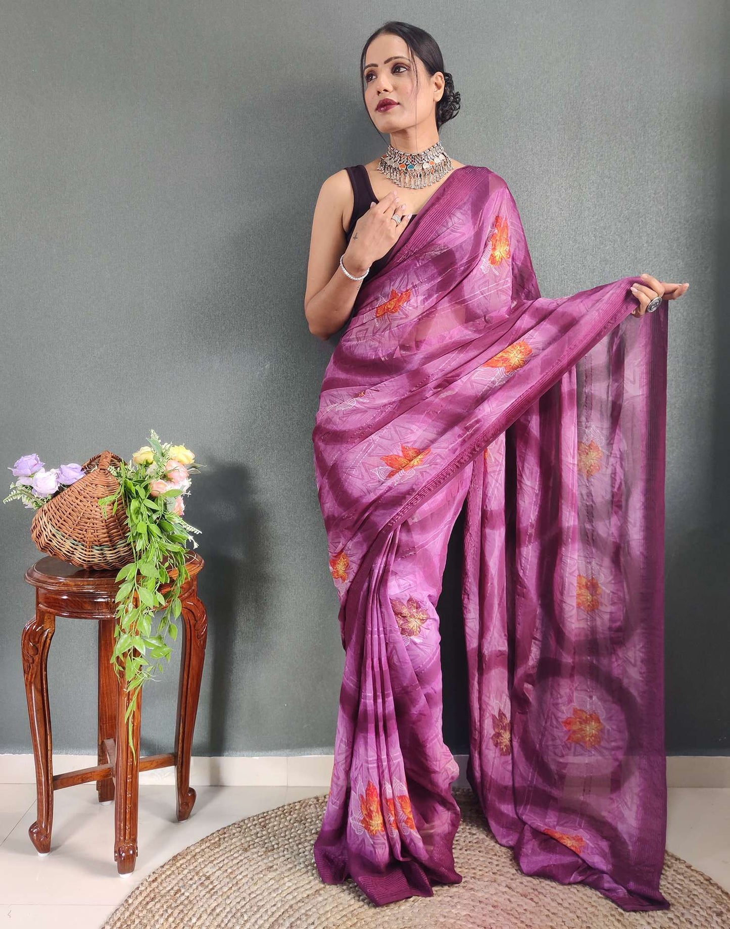 Ready to Wear Lavender & Rani Pink Printed Georgette Saree