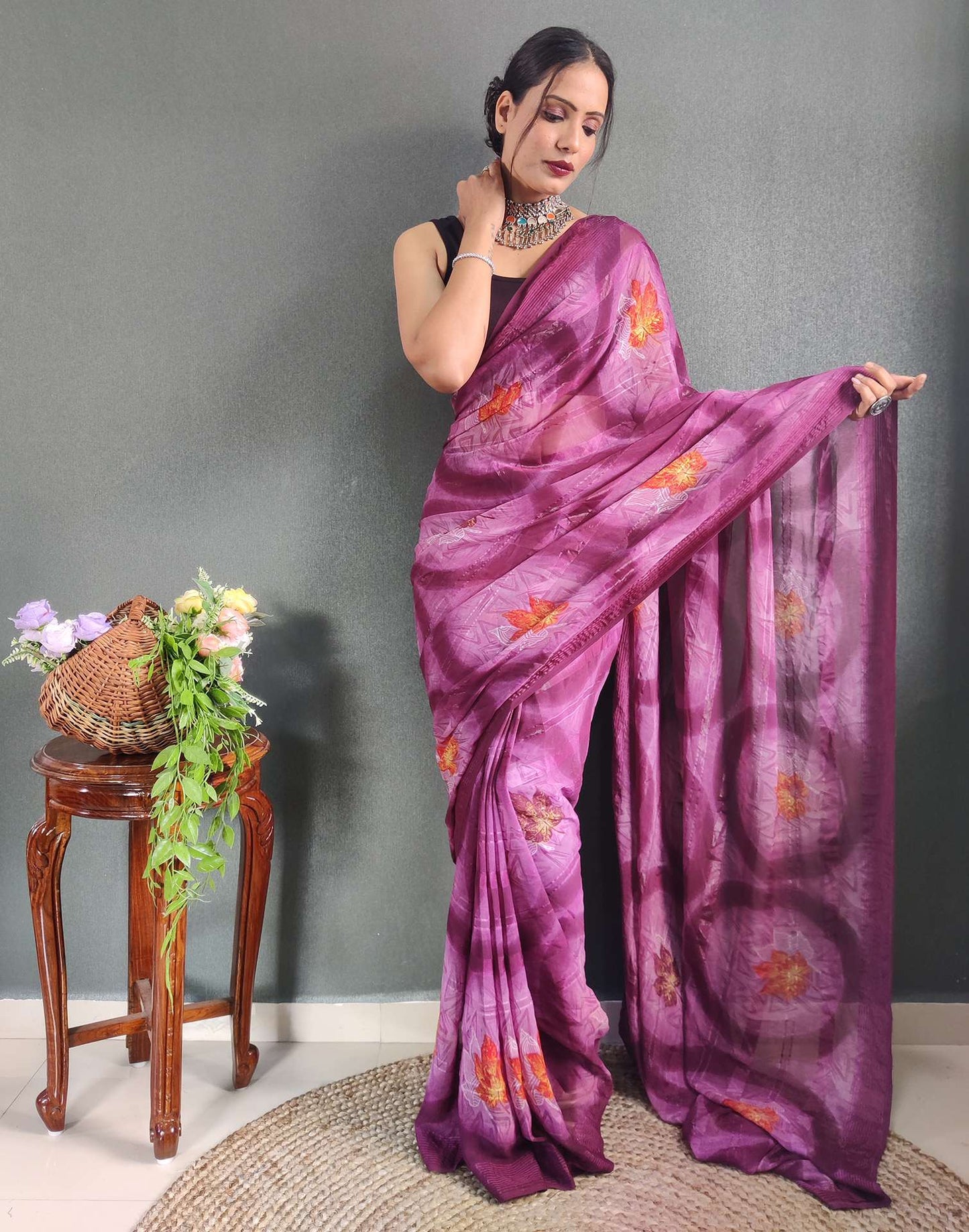 Ready to Wear Lavender & Rani Pink Printed Georgette Saree