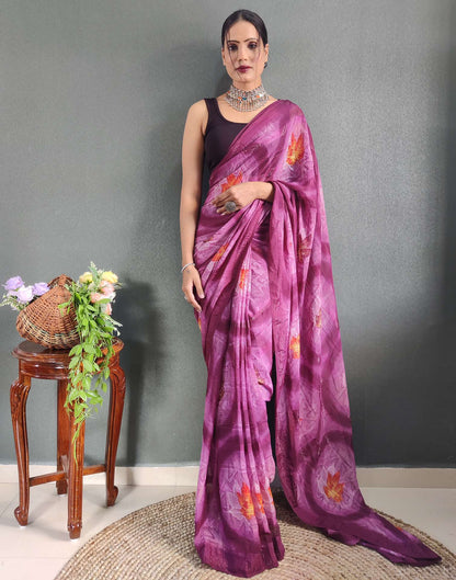 Ready to Wear Lavender & Rani Pink Printed Georgette Saree