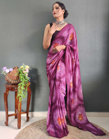 Ready to Wear Lavender & Rani Pink Printed Georgette Saree