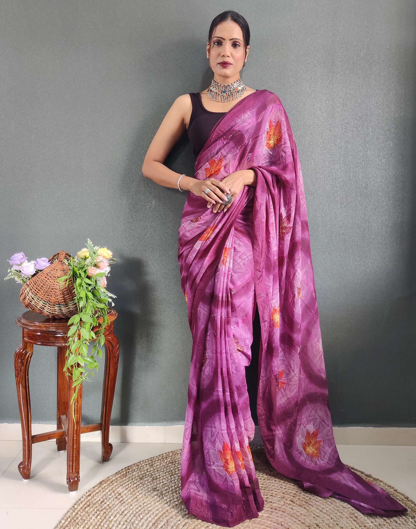 Ready to Wear Lavender & Rani Pink Printed Georgette Saree