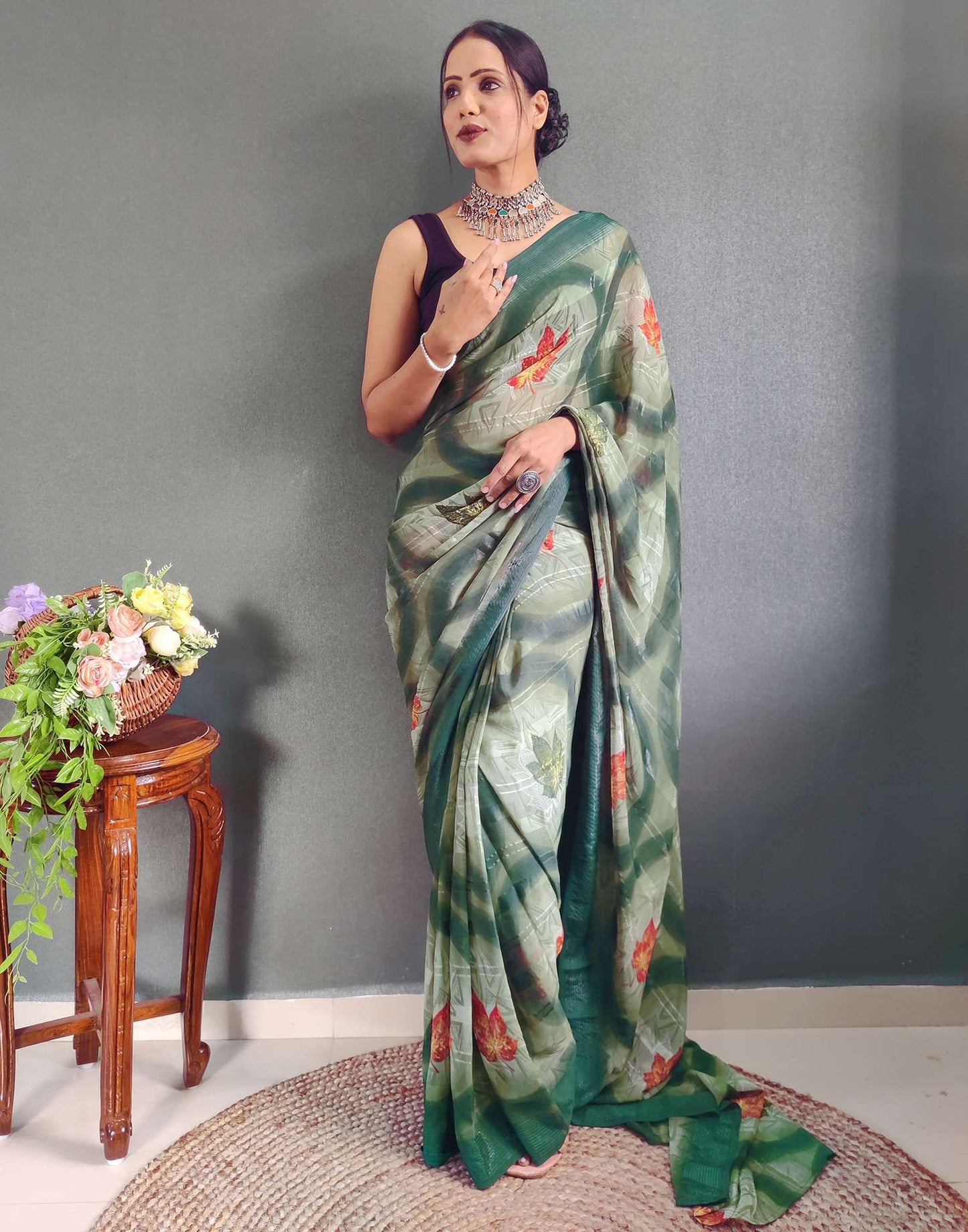 Ready to Wear Light Green Printed Georgette Saree