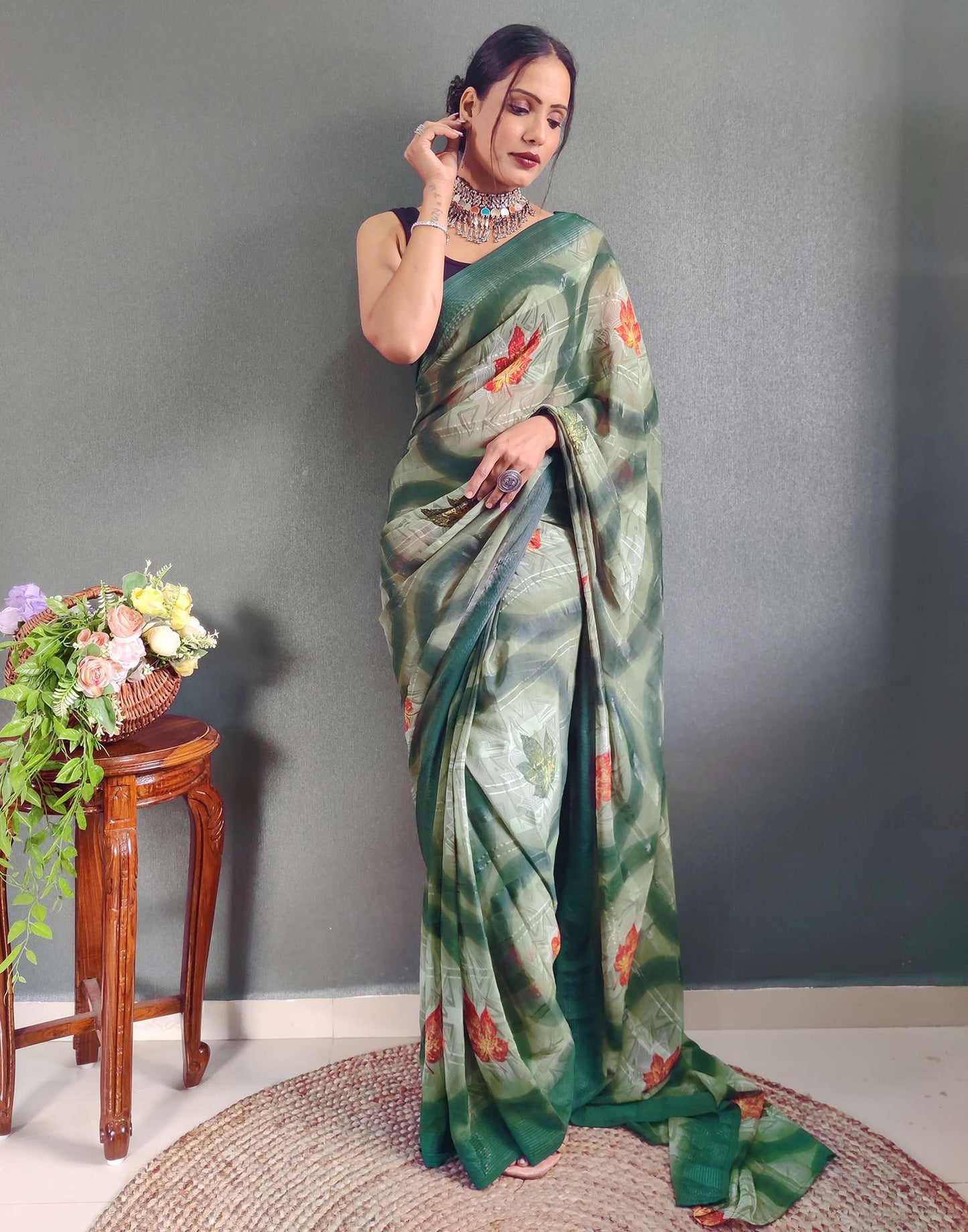Ready to Wear Light Green Printed Georgette Saree