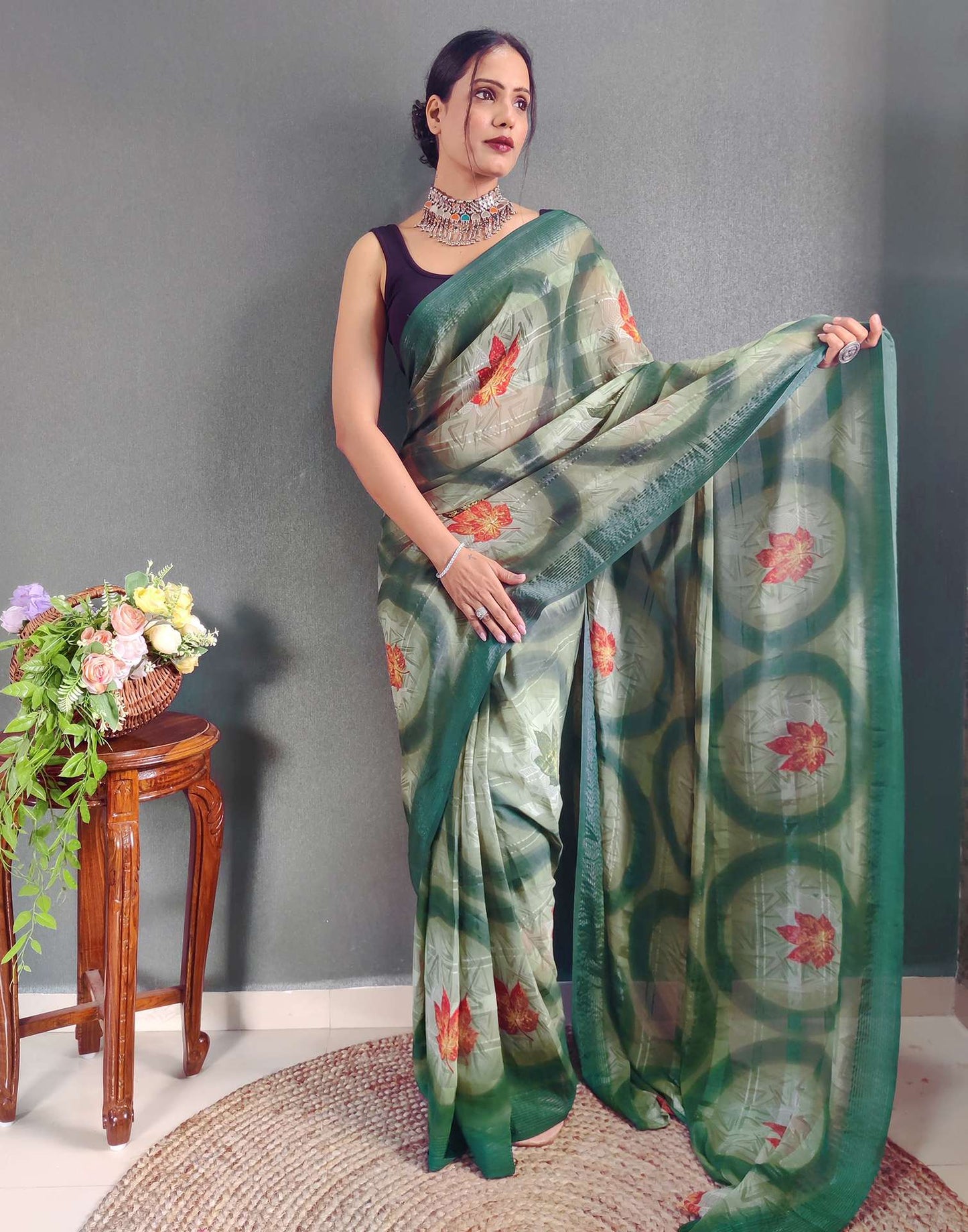 Ready to Wear Light Green Printed Georgette Saree