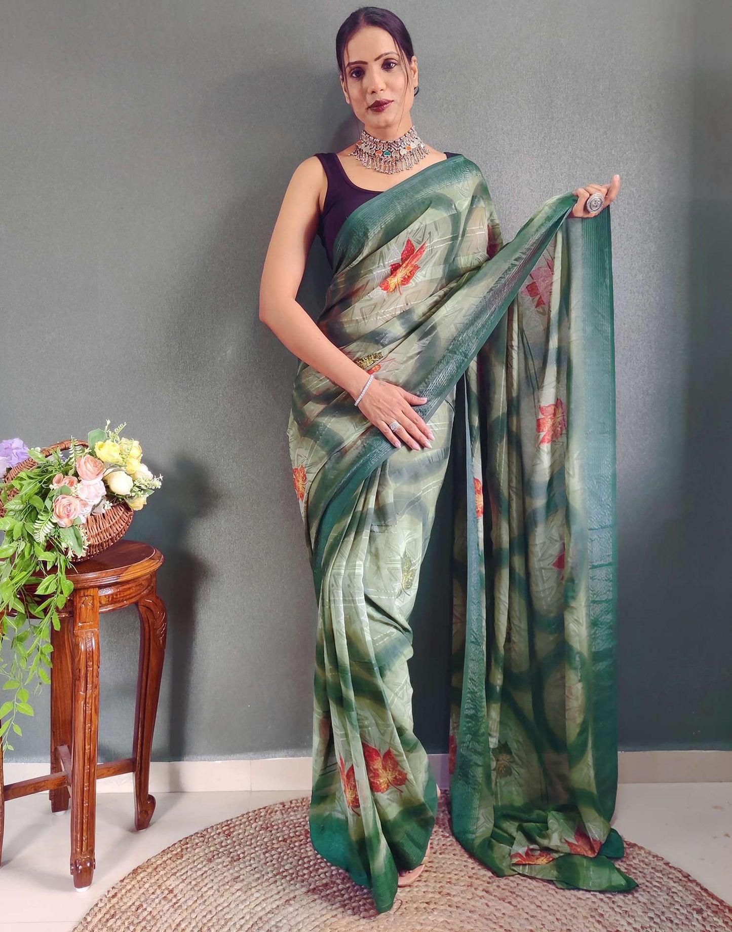 Ready to Wear Light Green Printed Georgette Saree