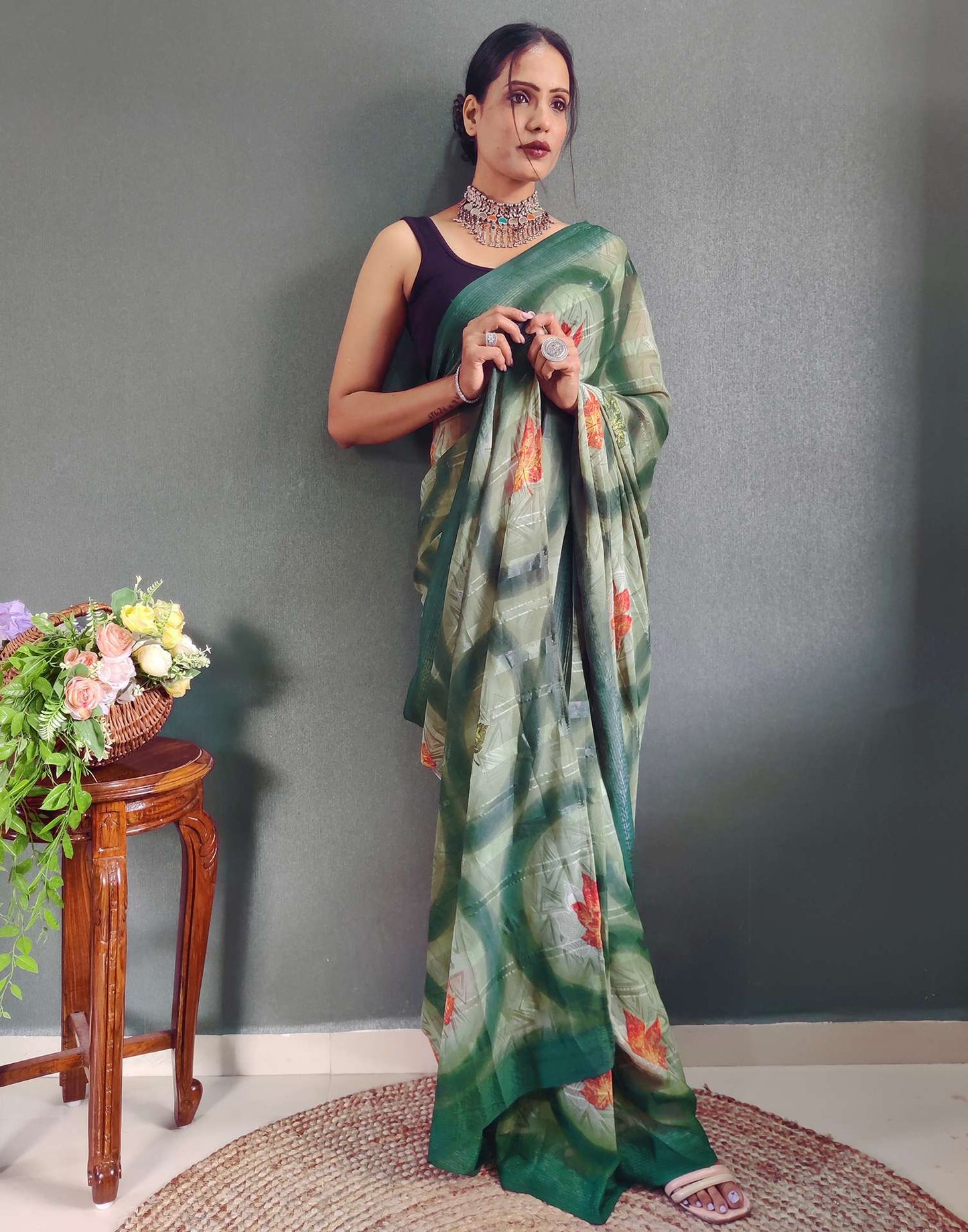 Ready to Wear Light Green Printed Georgette Saree