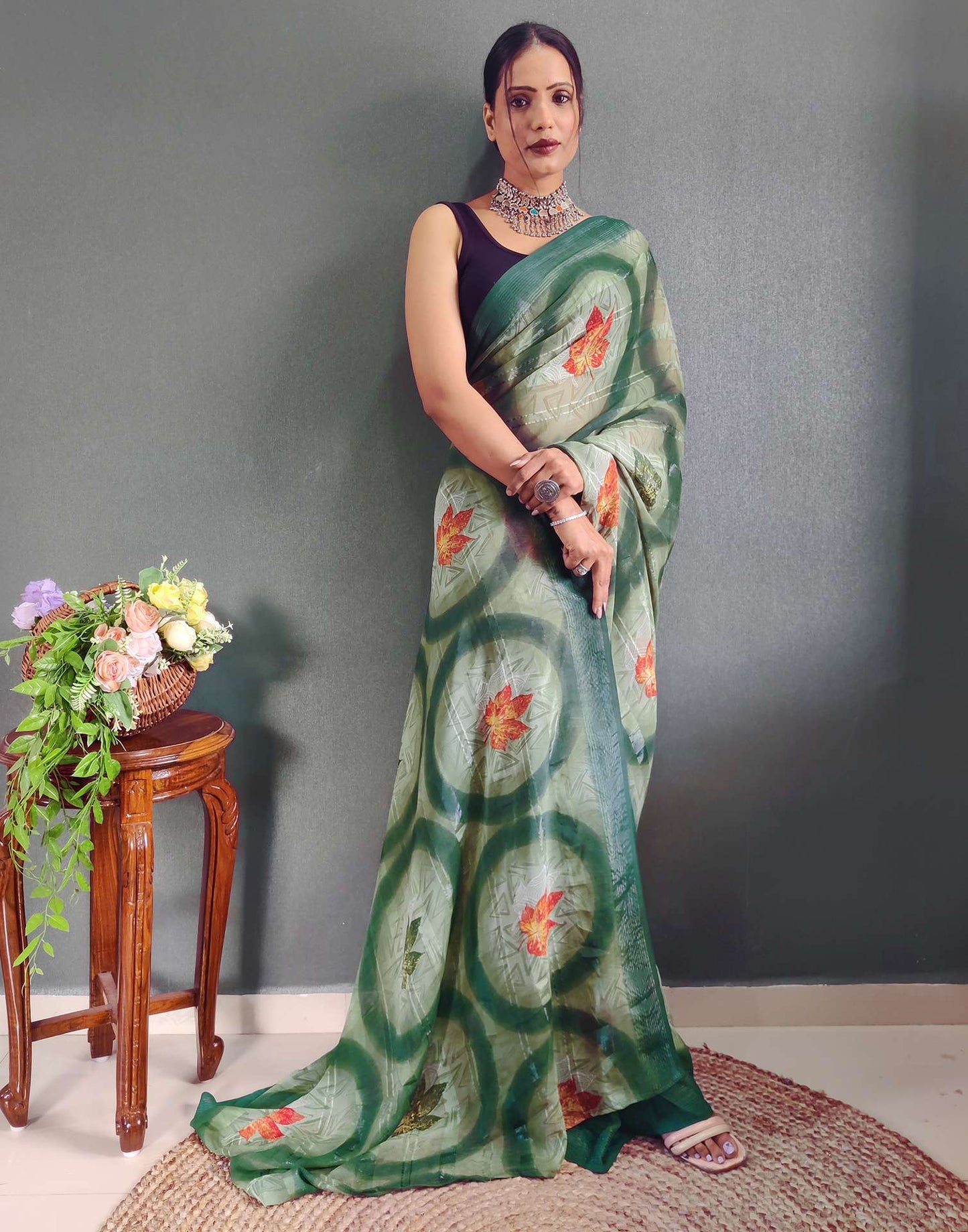 Ready to Wear Light Green Printed Georgette Saree