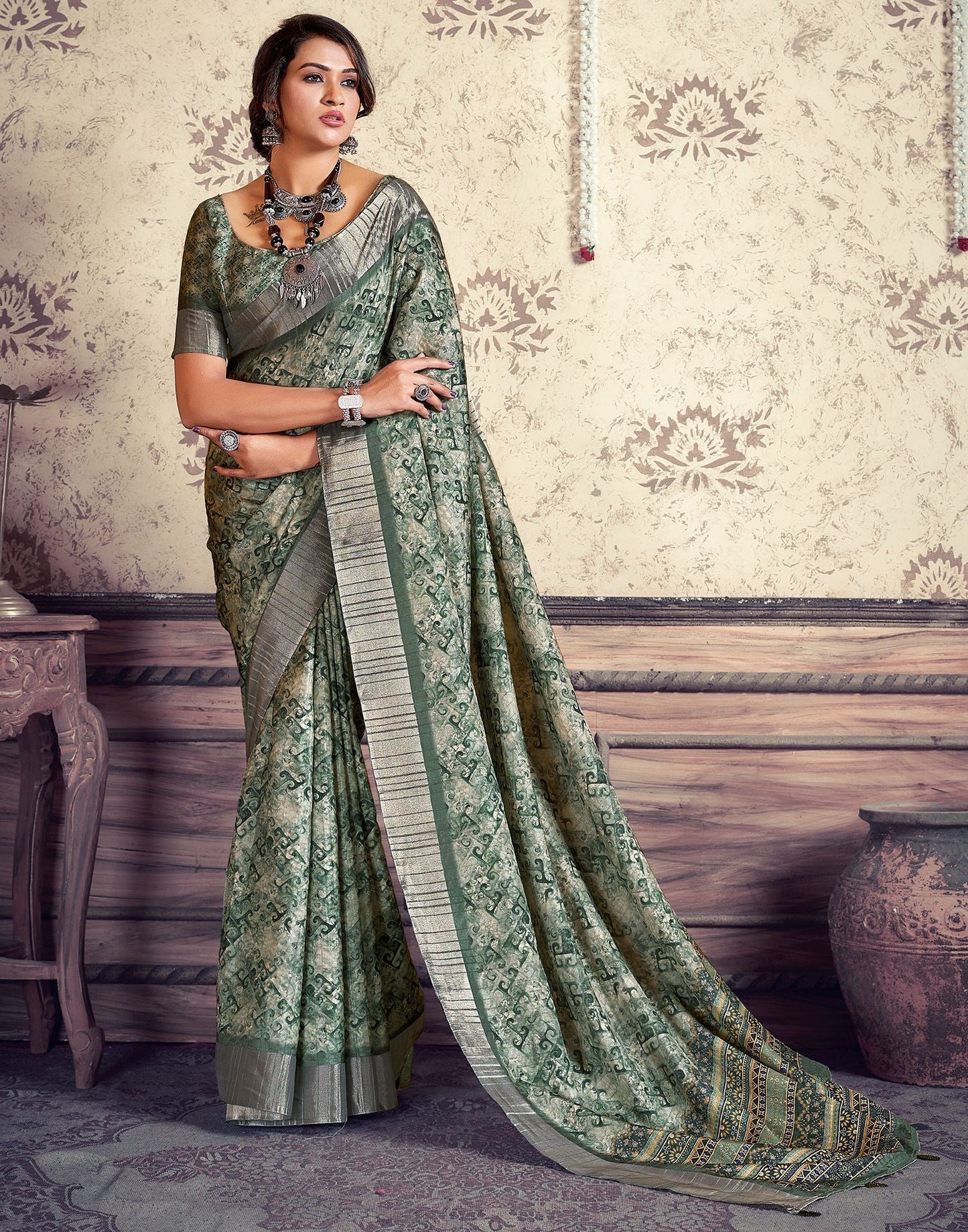 Green Printed Silk Saree