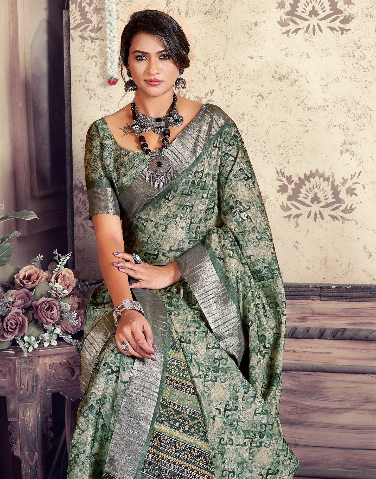 Green Printed Silk Saree