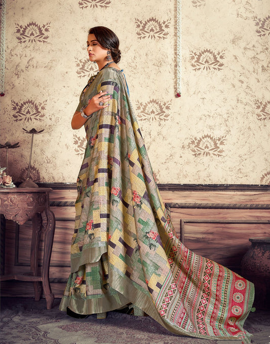 Multicoloured Printed Silk Saree