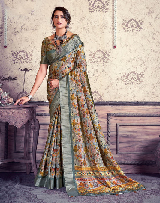 Multicoloured Printed Silk Saree