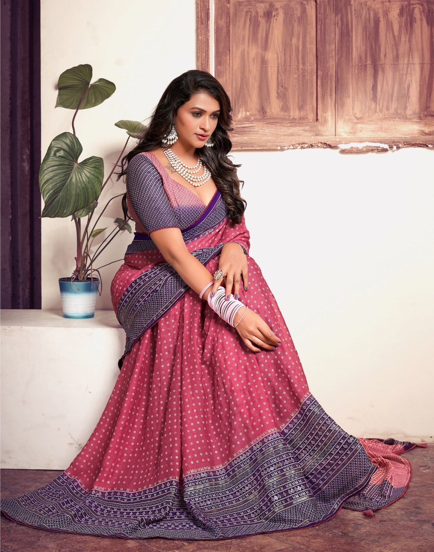 Dull Magenta Printed  Saree
