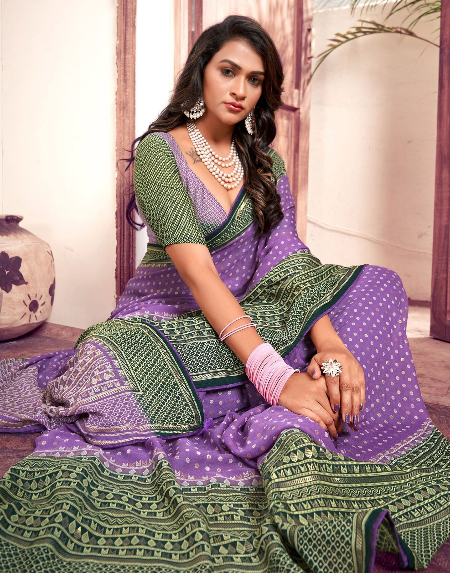 Dull Lavender & Green Printed  Saree