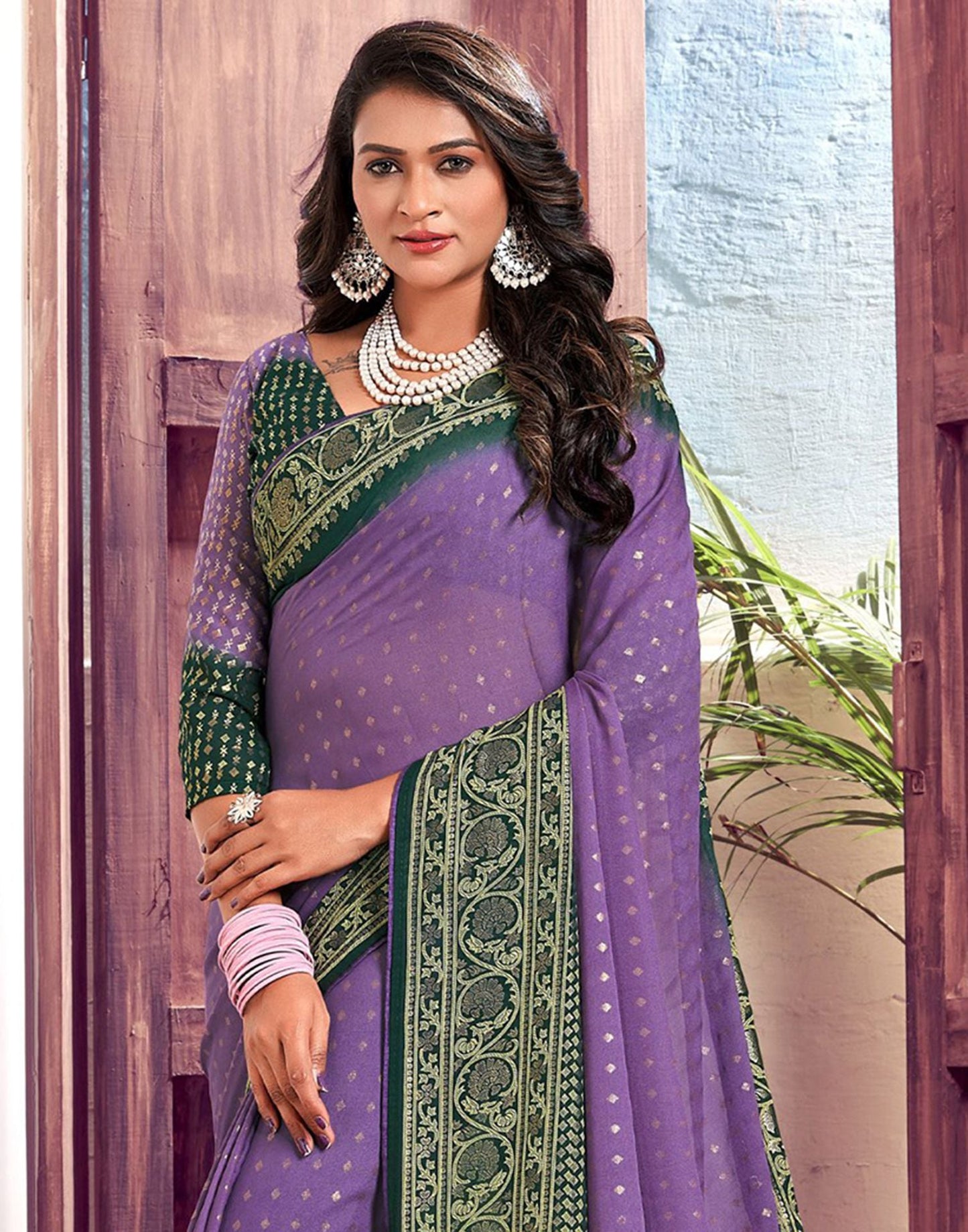 Dull Lavender & Green Printed  Saree