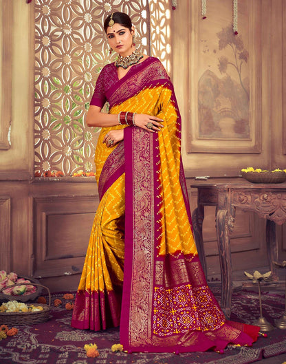 Yellow & Rani Pink Printed Silk Saree