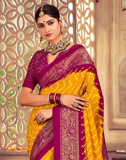Yellow & Rani Pink Printed Silk Saree
