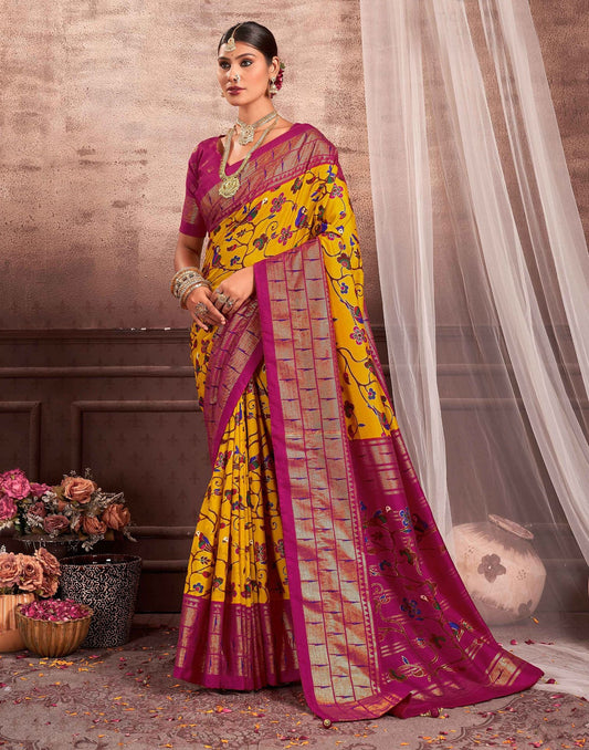 Yellow Printed Silk Saree