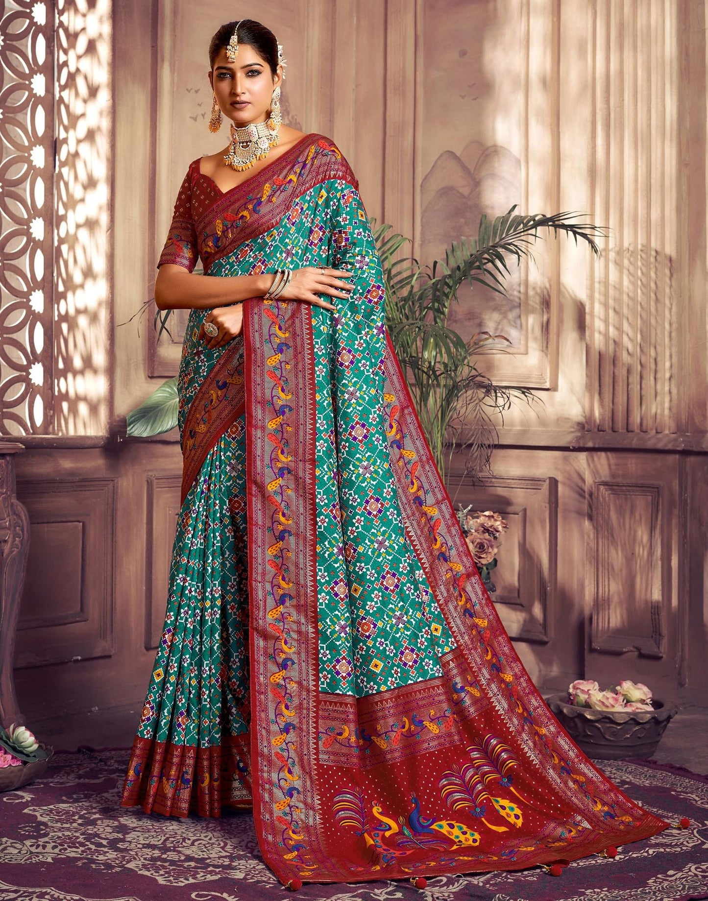 Rama Printed Silk Saree