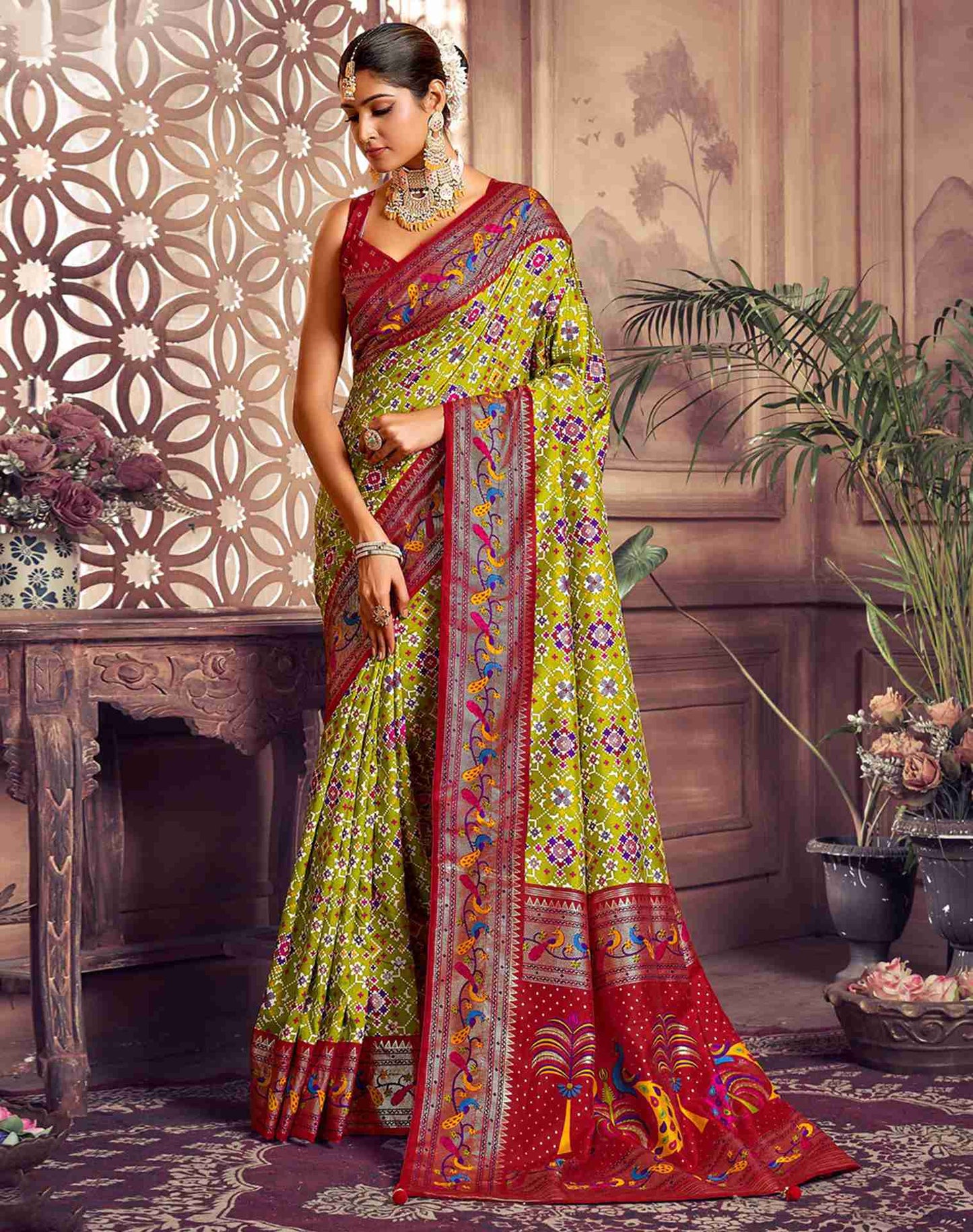 Green Printed Silk Saree
